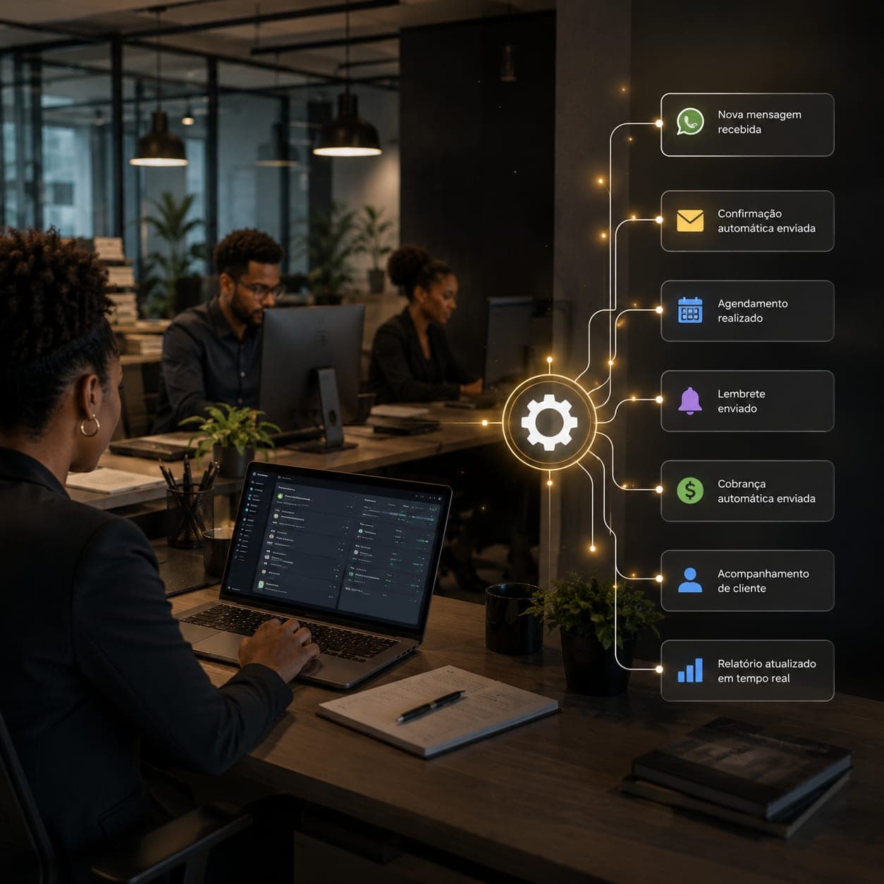 Profissional em laptop com fluxo de automação exibindo mensagens, cobranças e relatórios automáticos