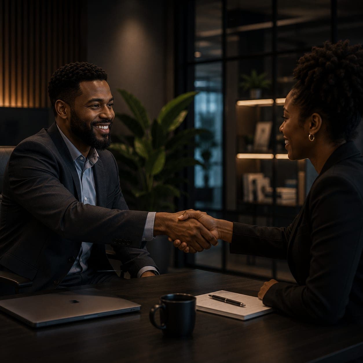 Aperto de mãos selando uma parceria em um escritório corporativo