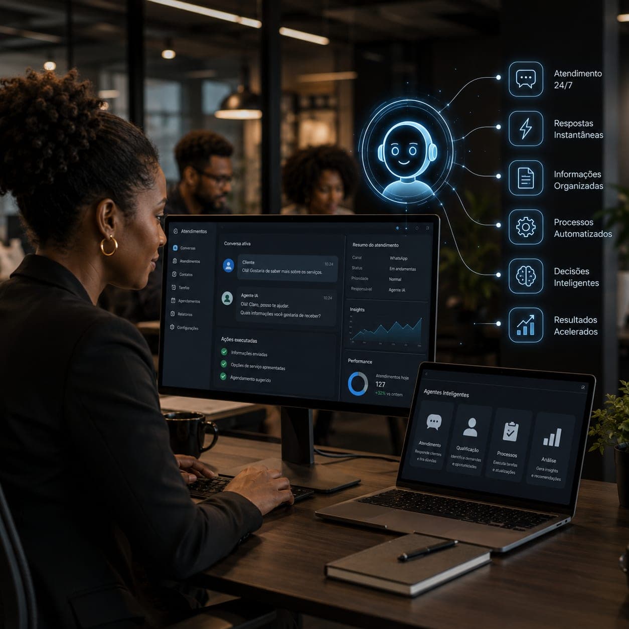 Profissional usando agente de IA para atendimento, com painel mostrando qualificação, processos e análises automatizadas