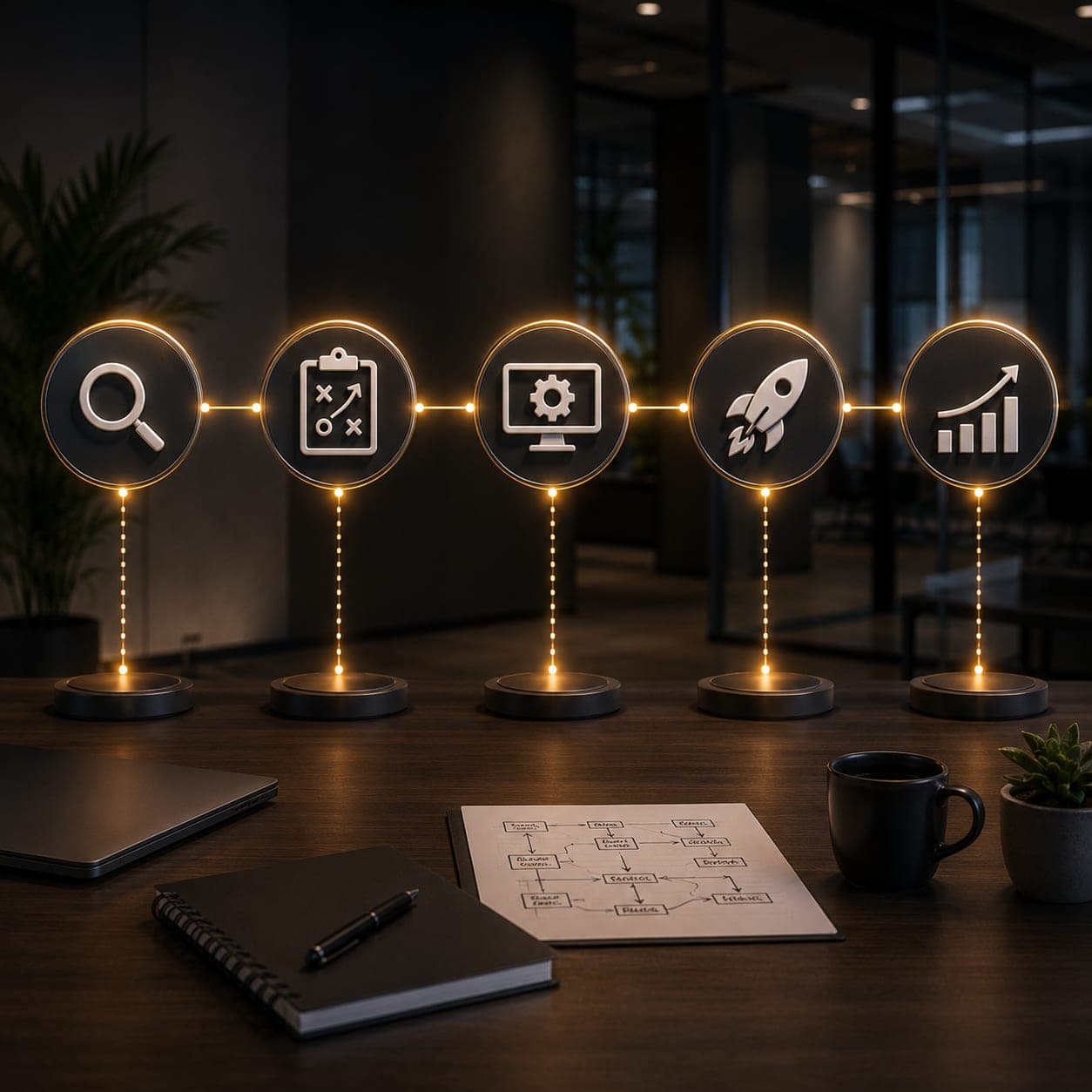 Cinco ícones iluminados representando diagnóstico, planejamento, desenvolvimento, implantação e acompanhamento
