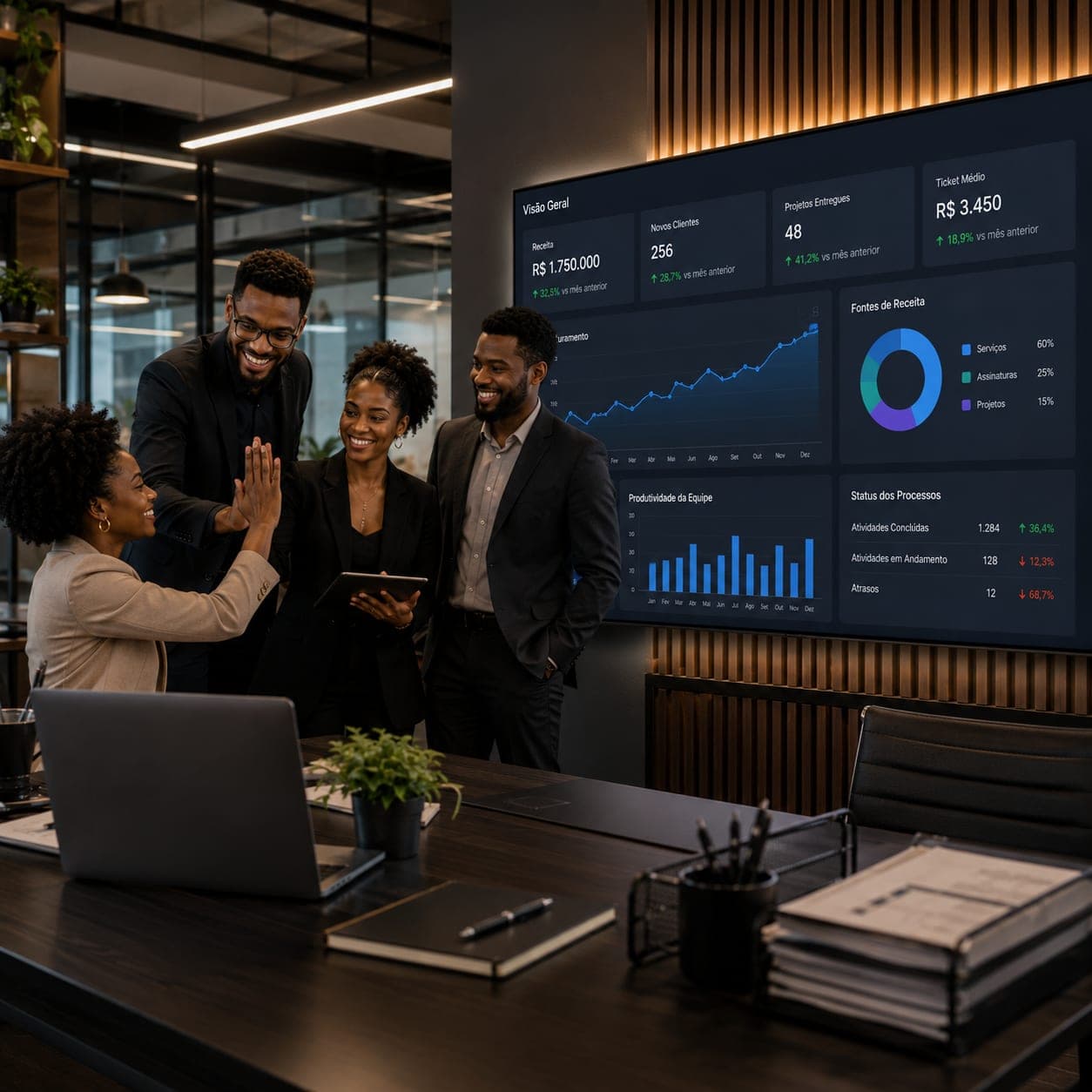 Equipe comemorando resultados com painel de indicadores de receita, clientes e produtividade em alta